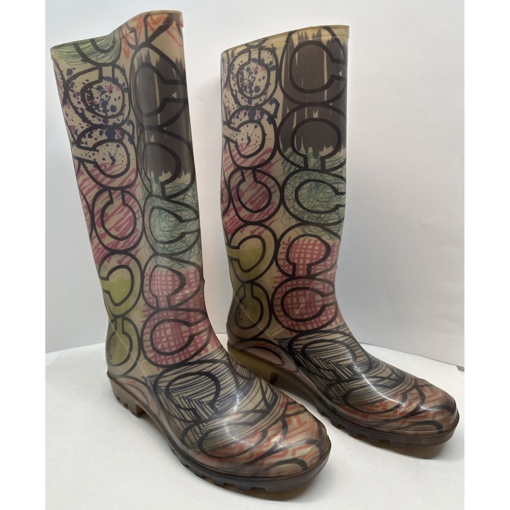 Coach Womans Poppy Rubber Rain Boots Classic C Clear Multi Color Pull On Size 5